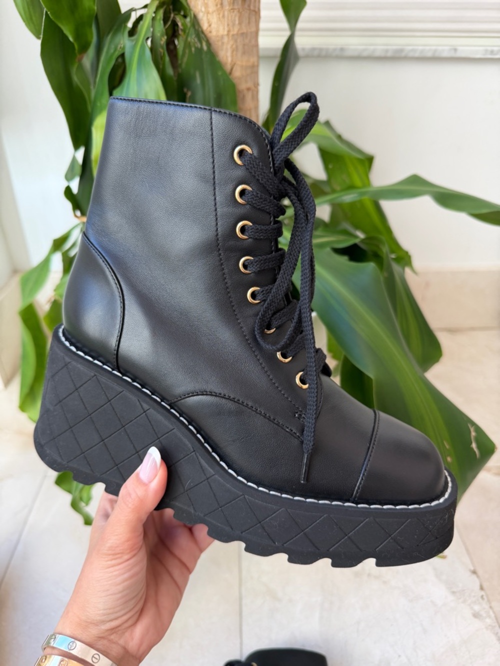 Chanel 2024 Interlocking CC Logo Combat Wedge Lambskin Lace Up Ankle Boots 36.5 - Picture 10 of 16